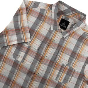 Prana Mens M Plaid Short Sleeve Button Up Shirt Orange Gray White Casual Outdoor